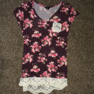 burgundy floral print short sleeve shirt